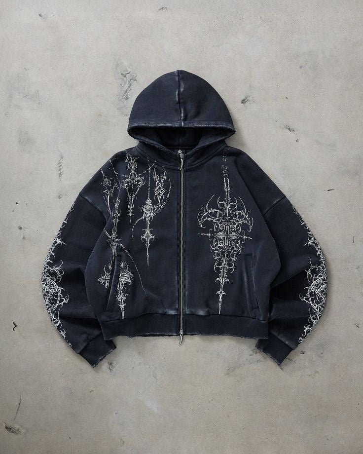 zip-up graphic design hoodie